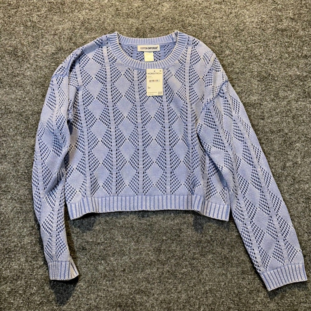 Cotton Emporium Pointelle Sweater Women L Baby Blue Boho Crochet Knit E899R